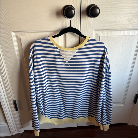 Amazon Sweaters - Blue and White Striped Crewneck Sweater with Yellow Trim